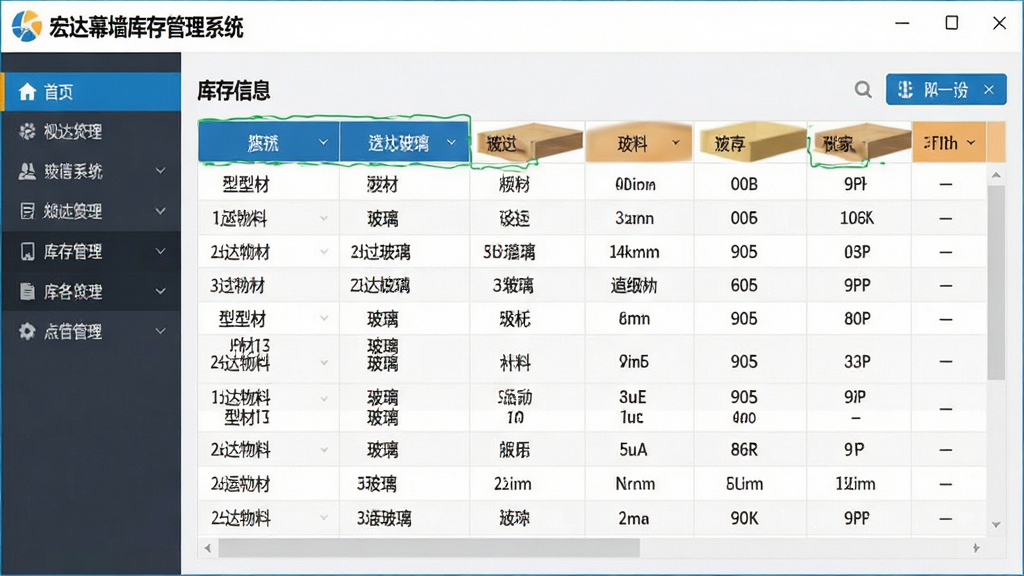 主体:宏达幕墙库存管理系统软件界面截图,展示主窗口和库存数据列表。布局:界面布局清晰,左侧为导航栏,右侧为库存信息表格。排版:表格排列整齐,表头高亮。风格:商务简洁,现代感。细节:屏幕中显示