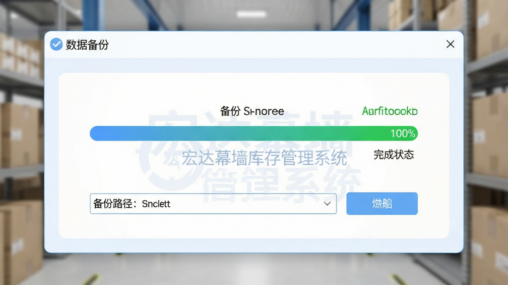 主体:宏达幕墙库存管理系统的数据备份界面,显示备份进度条和完成状态。布局:界面中央为备份进度条,下方有备份路径选择框。排版:简洁直观,按钮清晰。风格:柔和蓝白配色。细节:窗口标题为