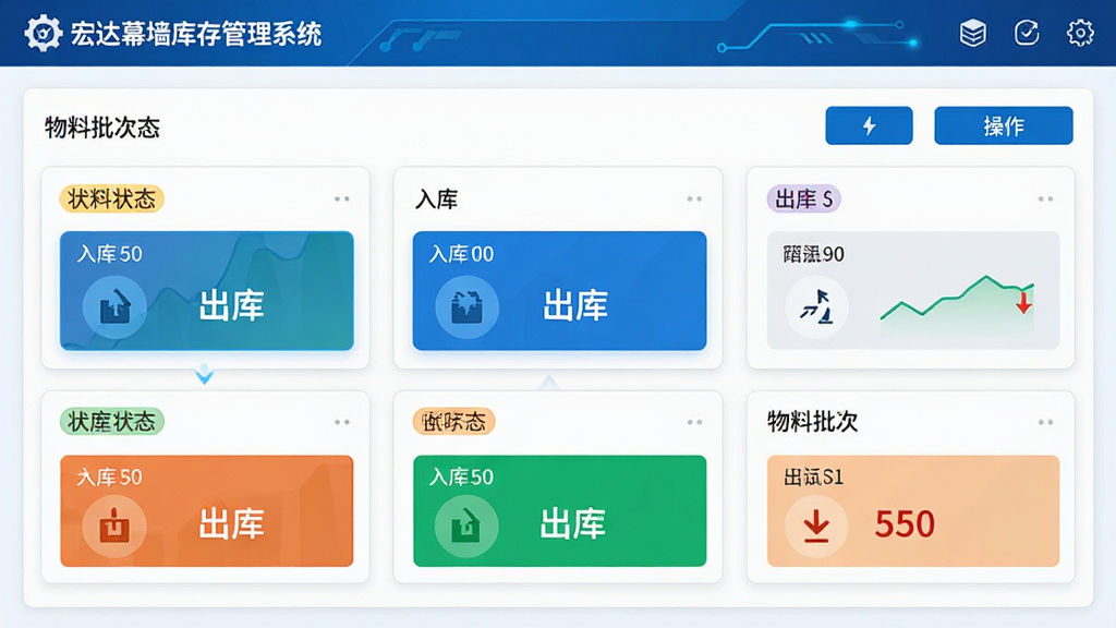 主体:宏达幕墙库存管理系统的库存跟踪界面,显示物料批次列表和操作按钮。布局:界面采用卡片式布局,物料状态标签醒目。排版:信息流式排版,关键数据用色块突出。风格:科技感,蓝色主调。细节:界面左上角有