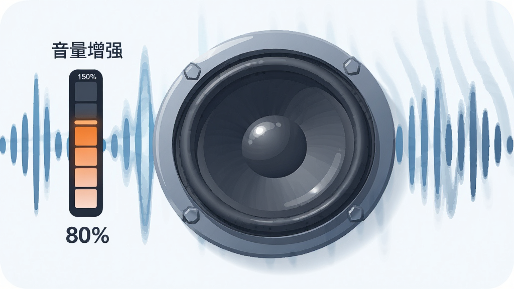主体为手机扬声器特写,旁边有音量条图标,显示音量百分比从80%上升到150%,背景为声波图案,布局简洁,风格扁平化插画,细节包括高光与阴影,画质干净,无多余元素,文字标注“音量增强”