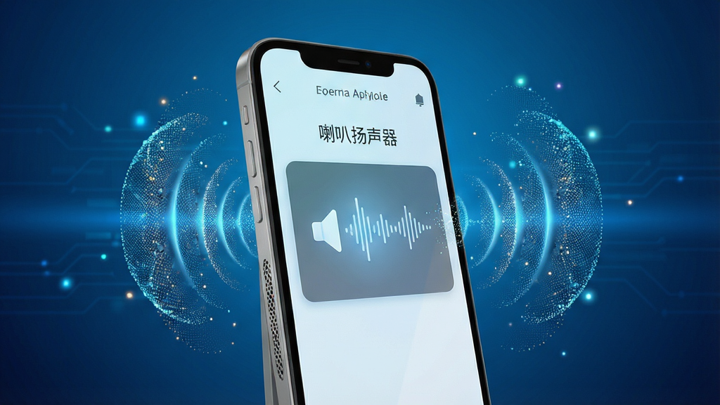 主体为一部现代智能手机,屏幕亮起,显示“喇叭扬声器”应用界面,界面简洁,带有音量波形图,手机周围环绕着动态的音波扩散效果,背景为渐变的蓝色科技感光效,布局中心突出,排版干净,风格写实且带轻度3D渲染,细节包括扬声器网格纹理与音波粒子,画质高清,干净,无多余元素
