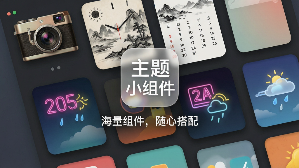 主体:一个手机桌面的俯视图,桌面上铺满了各种风格的主题小组件,有复古相机样式的时钟、水墨画风格的日历、霓虹灯效果的天气卡片。布局:组件以网格状排列,手机桌面背景为深灰色,突出彩色组件。排版:每个组件都设计成独立卡片,边缘有细微阴影,视觉上错落有致。风格:混合风格,既有复古元素又有现代科技感。细节:画面正中央悬浮一个“主题小组件”的白色透明Logo,底部有“海量组件,随心搭配”的标语。画质:4K高清,干净,无多余元素。