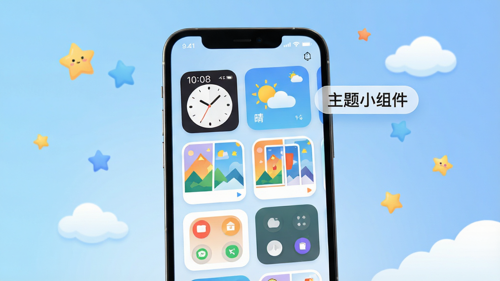 主体:一部亮屏的智能手机,屏幕中央展示主题小组件的应用界面,界面上有多个色彩鲜艳的桌面小部件预览图,包括时钟、天气、相册和快捷开关等。布局:手机位于画面黄金分割点,背景为柔和的渐变蓝色,周围散落着星星、云朵等可爱元素,营造出清新活跃的氛围。排版:手机屏幕内容清晰可见,各个小部件排列整齐,有圆角卡片和简约线条两种风格对比展示。风格:扁平化插画风格,色彩明快,细节丰富。细节:屏幕上的小部件显示具体时间“10:08”、天气图标“晴”、相册缩略图等,旁边有“主题小组件”字样悬浮。画质:8K超清,干净,无多余元素。