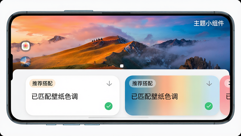 主体:一部手机横屏展示,左边是壁纸图库,右边是主题小组件应用内的智能推荐界面。布局:手机屏幕被分为上下两部分,上半部分显示一张色彩鲜艳的风景壁纸,下半部分显示根据壁纸颜色推荐的组件卡片,卡片上有“推荐搭配”标签。排版:界面采用左右滑动式卡片设计,卡片圆角柔和。风格:现代简约,UI界面清晰。细节:卡片上标注“已匹配壁纸色调”,并有一个对勾图标,手机右上角有“主题小组件”字样。画质:高清,干净,无多余元素。