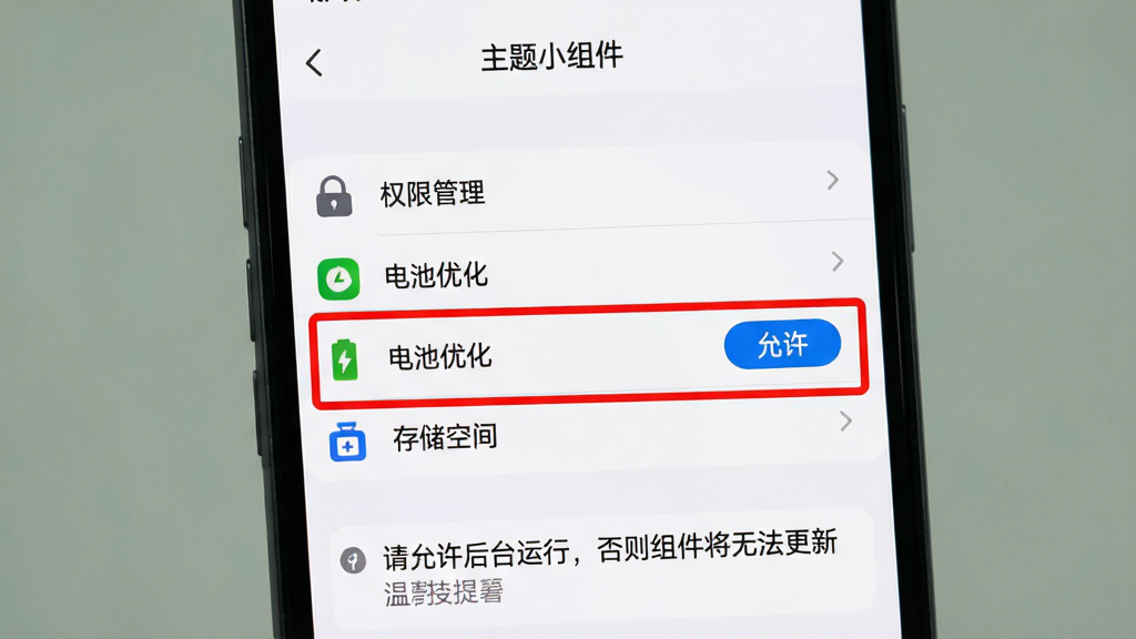 主体:一部手机屏幕放大图,屏幕上显示“主题小组件”的设置界面,其中“电池优化”选项被高亮标出,旁边有“允许”按钮。布局:设置页面采用列表式布局,每一行有图标和文字说明,背景为白色。排版:页面顶部有“主题小组件”标题,下方是“权限管理”、“电池优化”、“存储空间”等选项,其中“电池优化”一行被红色框出。风格:简洁的移动端设置界面风格。细节:屏幕下方有一个温馨提示框,写着“请允许后台运行,否则组件将无法更新”。画质:超清,干净,无多余元素。