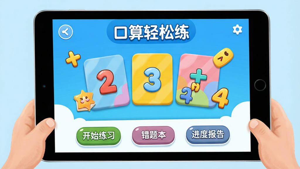 一款名为“口算轻松练”的安卓教育应用主界面展示,界面中央显示彩色数字卡片与卡通算数符号,下方排列“开始练习”、“错题本”、“进度报告”等圆润按钮,整体采用明亮活泼的蓝白配色,儿童插画风格,主体为平板电脑屏幕视角,排版清晰,细节圆润可爱,画质干净高清,无多余元素