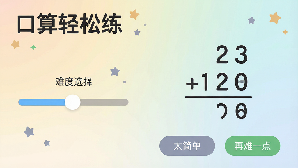 展示“口算轻松练”应用内智能出题界面,左侧为难度选择滑条,右侧显示一道竖式口算题,下方有“太简单”和“再难一点”的反馈按钮,背景为柔和渐变色,扁平化设计风格,主体突出应用名称“口算轻松练”,排版有序,细节有微小星星装饰,画质清晰干净,无多余元素