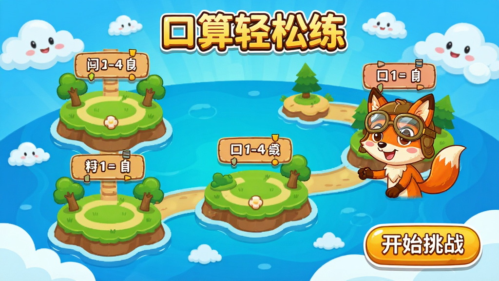 展示“口算轻松练”的闯关地图界面,地图上分布着多个卡通岛屿,每个岛屿上方标有口算题组名称,当前角色是一只戴着飞行员眼镜的小狐狸,地图右下角有“开始挑战”按钮,色彩丰富鲜艳,儿童游戏UI风格,主体为横向地图布局,排版活泼有动感,细节包括云朵和小树,画质细腻干净,无多余元素