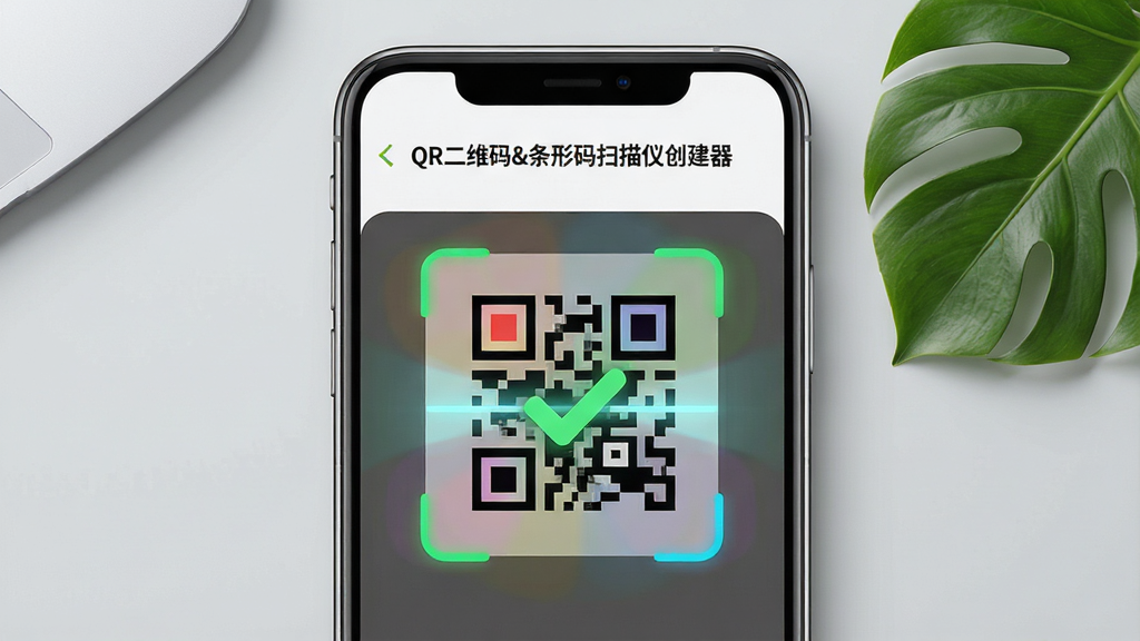 主体为一部现代智能手机屏幕特写,屏幕中央显示“QR 二维码&条形码扫描仪创建器”应用界面,界面中有彩色二维码扫描框与绿色对勾标识。背景为浅灰色桌面,放置一片绿色植物叶片点缀。布局采用中心构图,手机屏幕内容清晰醒目。排版简洁,突出软件名称与扫描主题。风格为科技感与清新自然结合,细节展现高光质感。画质高清,画面干净无多余元素。