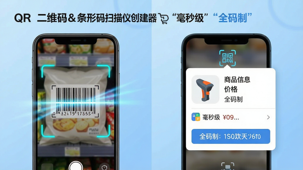 主体为“QR 二维码&条形码扫描仪创建器”功能展示界面,左侧为手机扫描一张超市商品上的条形码,右侧为快速弹出的商品信息与价格。背景为浅蓝色渐变,象征科技与速度。布局为左右分屏,对比清晰。排版强调“毫秒级”与“全码制”字样。风格为现代扁平结合拟物图标,细节有扫描光线动效。画质锐利,无多余元素。