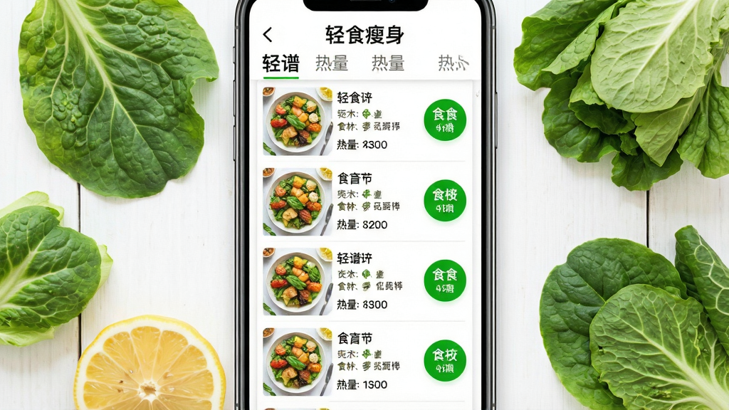 一幅手机应用界面预览图,标题“轻食瘦身”显示在顶部,下方滚动展示多道轻食菜品,每道菜配有食材清单和热量值;主体:手机界面和菜品图片;布局:手机居中,周围摆放大片新鲜蔬菜叶、柠檬片;排版:食谱列表纵向排列,右侧显示圆形热量图标;风格:明亮通透,食物摄影风格,突出新鲜感;细节:每道菜的食材清晰可辨,热量数字用绿色突出;画质:高清细腻,干净无多余元素