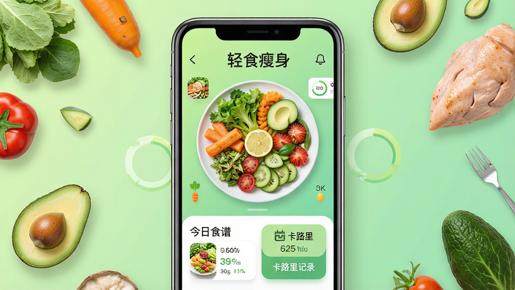 主体:一款名为“轻食瘦身”的移动应用界面,手机屏幕展示色彩鲜艳的减脂餐盘和营养数据图表;布局:手机居中,背景为浅绿色渐变,周围点缀新鲜蔬菜、牛油果、鸡胸肉等食材;排版:界面简洁清晰,上方显示应用名称“轻食瘦身”,下方排列今日食谱、卡路里记录按钮;风格:清新健康、扁平化设计,明亮自然光;细节:餐盘内食材纹理清晰,数据圆环显示完成度;画质:4K高清,干净无多余元素