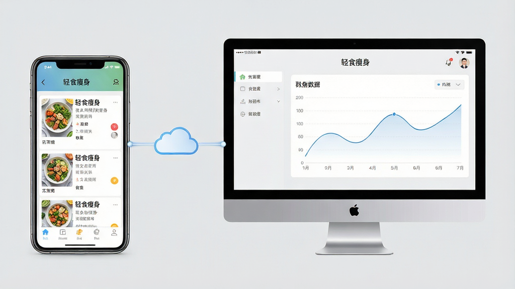 手机和电脑并排放置,屏幕上都显示“轻食瘦身”应用界面,手机在左、电脑在右,背景为纯色浅灰;主体:演示跨设备使用场景;布局:对称构图;排版:手机屏幕显示食谱列表,电脑屏幕显示数据曲线;风格:现代商务感;细节:两者通过云图标连接;画质:高解析度,干净无多余元素