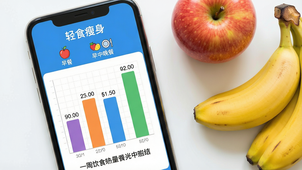 手机应用截图,显示一周饮食记录柱状图,顶部标题“轻食瘦身”,下方有早中晚餐图标;主体:手机屏幕和图表;布局:手机左侧放置,右侧配以苹果、香蕉等健康食物;排版:柱状图用不同颜色区分三餐,底部有总结文字;风格:简约数据分析风格,蓝白主色调;细节:每根柱子上方标注热量数值,背景有淡淡的网格;画质:清晰锐利,干净无多余元素