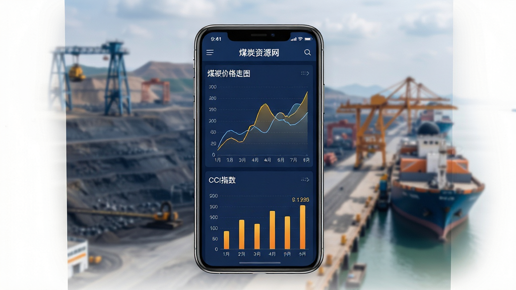 主体为一部正在运行煤炭资源网App的智能手机,屏幕清晰显示煤炭价格走势图表与CCI指数数据,背景虚化处理,隐约呈现煤矿与港口场景。布局以手机屏幕为中心,四周留白干净整洁。排版采用纵向构图,手机竖立,视线聚焦屏幕内容。风格为现代商务科技感,光影柔和,色彩以深蓝与橙黄为主色调,突出数据可视化。细节包括屏幕上的折线图、柱状图以及“煤炭资源网”字样,画质高清细腻,干净无多余元素。
