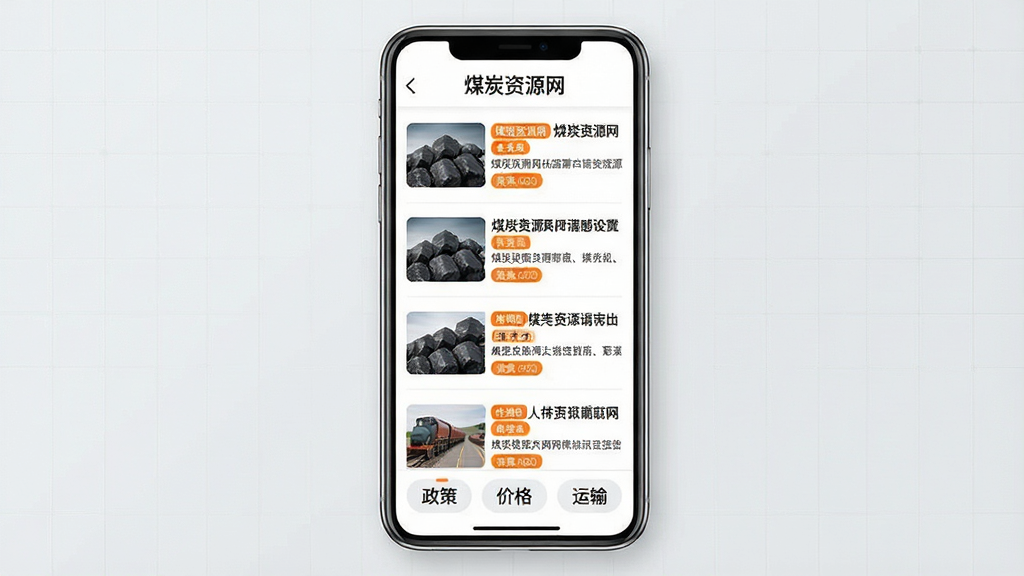 主体为智能手机屏幕展示煤炭资源网资讯信息流,每条新闻配有缩略图与标题摘要,屏幕下方有分类标签如“政策”、“价格”、“运输”。布局为手机竖屏居中,背景为浅灰色,带有微弱的网格纹理。排版采用列表式,每行间距均匀。风格清爽简约,色彩以白色底、黑色字配橙色高亮标签。细节上,屏幕顶部显示“煤炭资源网”字样,画面干净,画质锐利。