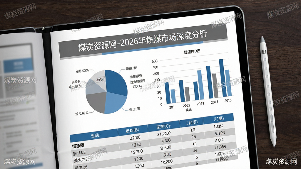 主体为一份展开的电子报告页面,页面顶部标题“煤炭资源网-2026年焦煤市场深度分析”,下方配有饼状图、柱状图和表格,旁边有一支触控笔。布局为俯视角度,报告占据画面中央,背景是深色木质桌面。排版规整,图文层级分明。风格专业商务,色调以灰白蓝为主,细节处可见数据标注与“煤炭资源网”水印,画质清晰,无多余杂物。
