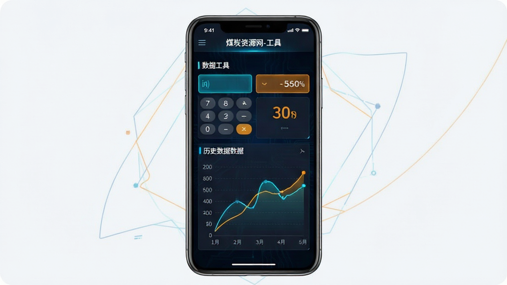 主体为煤炭资源网App的数据工具界面截图展示,屏幕上有计算器样式的输入框与结果输出区域,并配有曲线图表示历史数据。布局以手机界面为主体,周边有淡淡的装饰性几何线条。排版简洁明了,功能区域分明。风格科技感强,深色背景搭配荧光蓝与橙色数据,细节中屏幕顶部有“煤炭资源网-工具”标识,画质干净无多余元素。