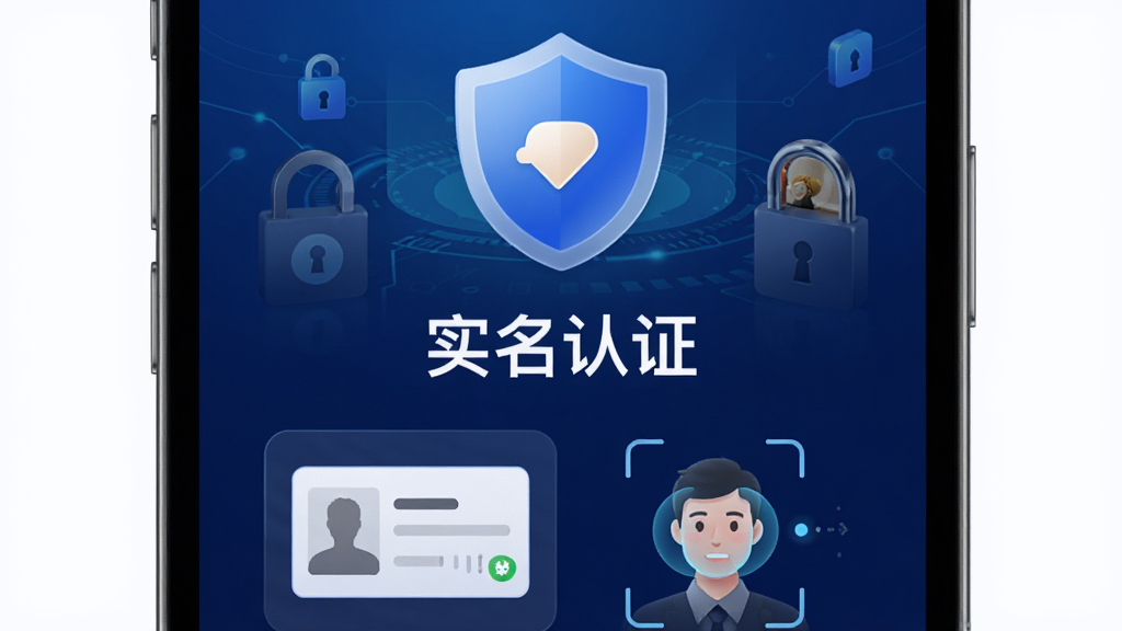 号码家园App的实名认证安全界面预览图,界面中央为盾牌图标与“实名认证”字样,下方为身份证上传框与人脸识别动画,背景采用深蓝色科技感渐变,配有安全锁装饰元素,整体庄重专业,画质细腻干净