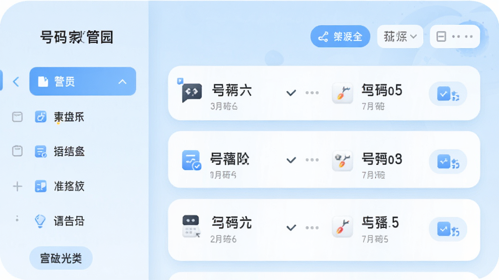 号码家园App的号码分类管理界面预览图,左侧为分类侧边栏,右侧显示号码列表与标签筛选按钮,界面以浅蓝色为主色调,卡片式布局圆润柔和,细节精致,画质干净无多余元素