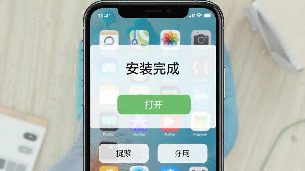 号码家园App在手机上的安装引导界面预览图,界面显示“安装完成”提示与打开按钮,背景为手机桌面图,上方有状态栏,下方为操作按钮,整体画风写实,布局居中,光线明亮,细节丰富,画质干净无多余元素