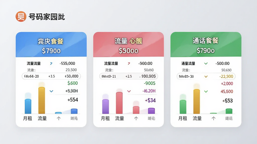 号码家园App的套餐对比功能界面预览图,页面中并排展示三张不同套餐资费卡片,包含月租、流量和通话数据对比,背景为淡灰色渐变,数据条用彩色柱状图呈现,整体风格商务简洁,清晰易读,画质高清干净