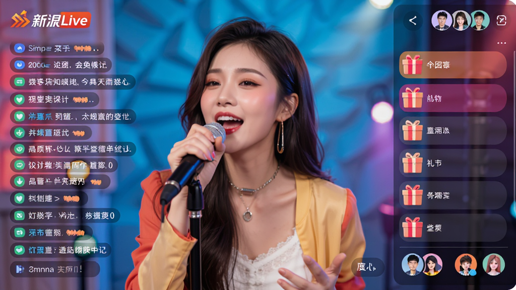 ������Ƶֱ��ƽ̨���棬�������ڳ��裬��Ļ���е�ĻƮ�����Ҳ��������б����û�ͷ���������ִ�ʱ�У�ɫ�����ޣ����沼����������������Live��־�����ʸ��壬�ɾ��޶���Ԫ��