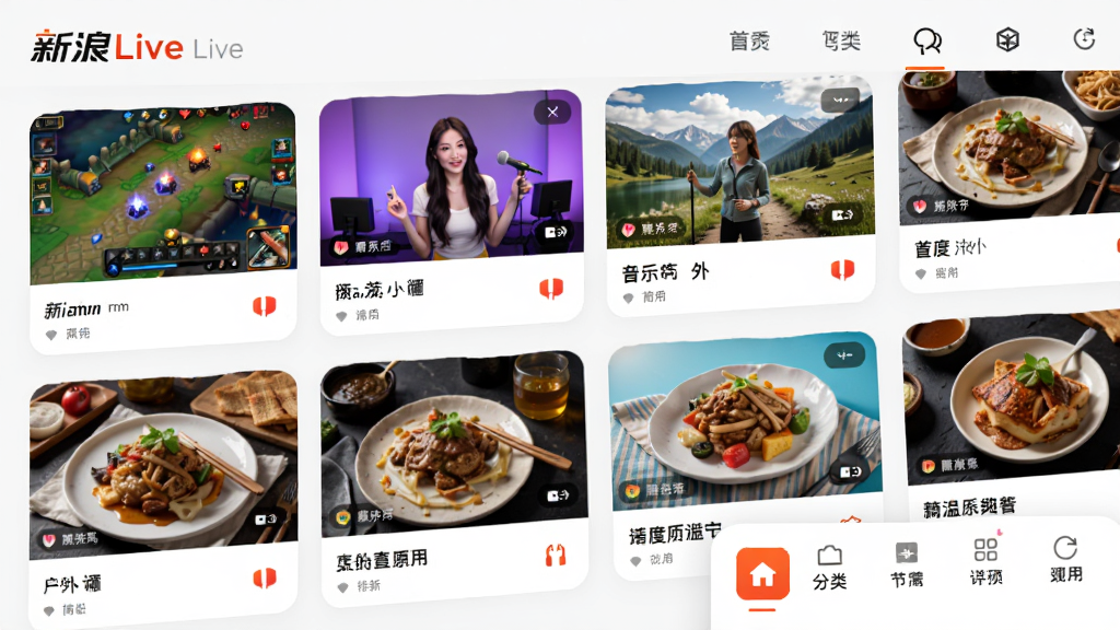 ����LiveӦ�ý��棬չʾ���ֱ�����棬������Ϸ�����֡����⡢��ʳ�ȷ��࣬ÿ�����涼��Ԥ��ͼ��������ÿ�Ƭʽ���֣�ɫ�ʷḻ�����½��з��ർ������������ͳһ�һ��ã����ʸɾ��޶���Ԫ��