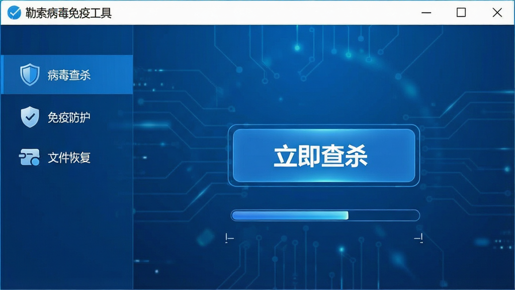 一张展示勒索病毒免疫工具主界面的高清电脑截图,主体为软件操作面板,界面采用蓝色科技感风格,中央显示“立即查杀”大按钮,左侧功能栏列出“病毒查杀”“免疫防护”“文件恢复”等选项,整体布局清晰明了,排版规整,风格现代简约,细节包括盾牌图标和扫描进度条,画质清晰干净,无多余元素,图片文字标注“勒索病毒免疫工具”