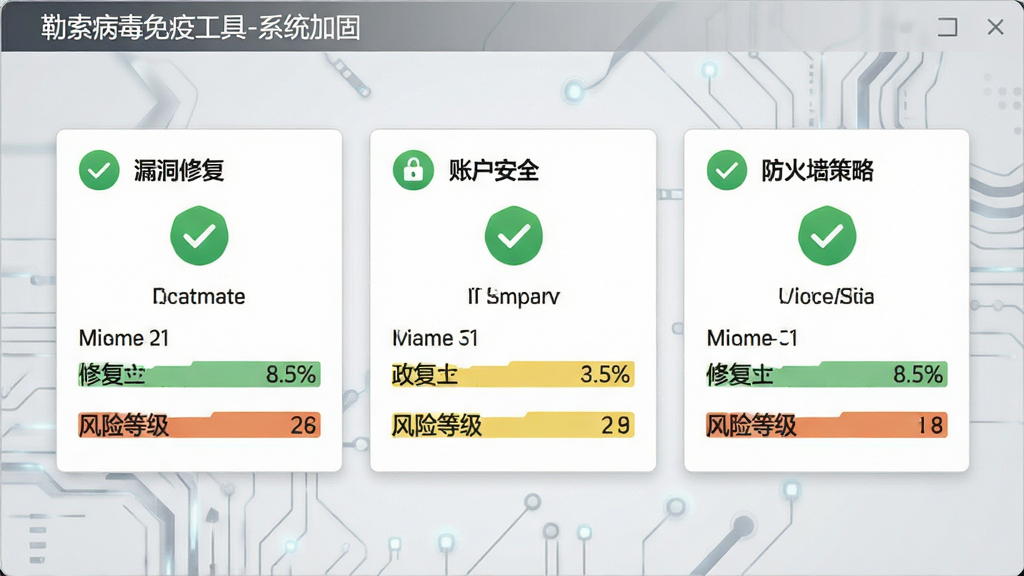 展示勒索病毒免疫工具系统加固功能的界面图片,主体为安全设置页面,展示“漏洞修复”“账户安全”“防火墙策略”三个卡片模块,每个卡片带有绿色对勾图标,背景为浅灰色科技纹理,布局为网格形式,排版整齐,风格简洁商务,细节显示修复数量和风险等级,画质干净清晰,文字标识“勒索病毒免疫工具-系统加固”
