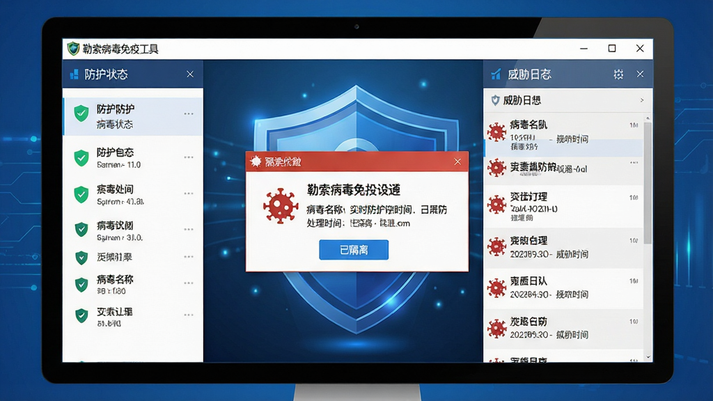 一幅展示勒索病毒免疫工具实时防护界面的示意图,主体为电脑屏幕内显示的安全防护面板,带有病毒拦截弹窗提醒,背景有蓝色盾牌图形,布局为左右分栏,左侧是防护状态列表,右侧为威胁日志,排版整洁,风格写实科技,细节包含病毒名称、处理时间和“已隔离”按钮,画质高清,干净无多余元素,软件名称“勒索病毒免疫工具”出现在界面标题栏