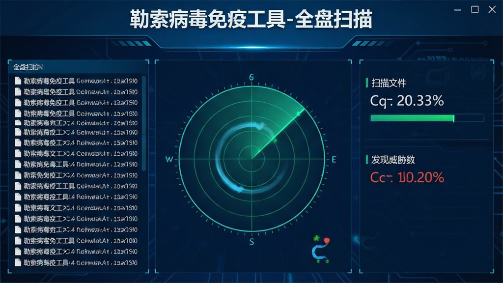 一张勒索病毒免疫工具正在执行全盘扫描的截图,主体为扫描进度界面,中央有旋转的雷达动画,右侧显示已扫描文件数和发现威胁数,背景为深蓝色科技风格,布局为上下结构,排版直观,风格动态科技,细节包含文件路径滚动列表,画质清晰,无多余元素,顶部标题为“勒索病毒免疫工具-全盘扫描”