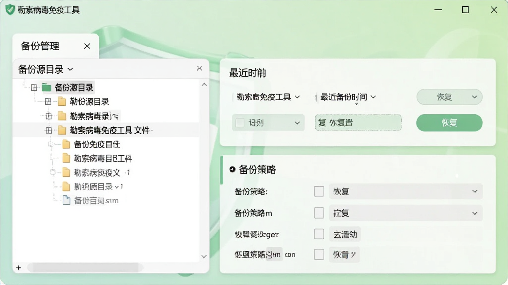 展示勒索病毒免疫工具文件备份与恢复功能的界面,主体为备份管理面板,左侧是备份源目录树,右侧显示最近备份时间和恢复按钮,背景为浅绿色渐变,布局为左右结构,排版清晰,风格柔和实用,细节有文件类型筛选和备份策略设置,画质干净,软件名称“勒索病毒免疫工具”显示在边栏顶部