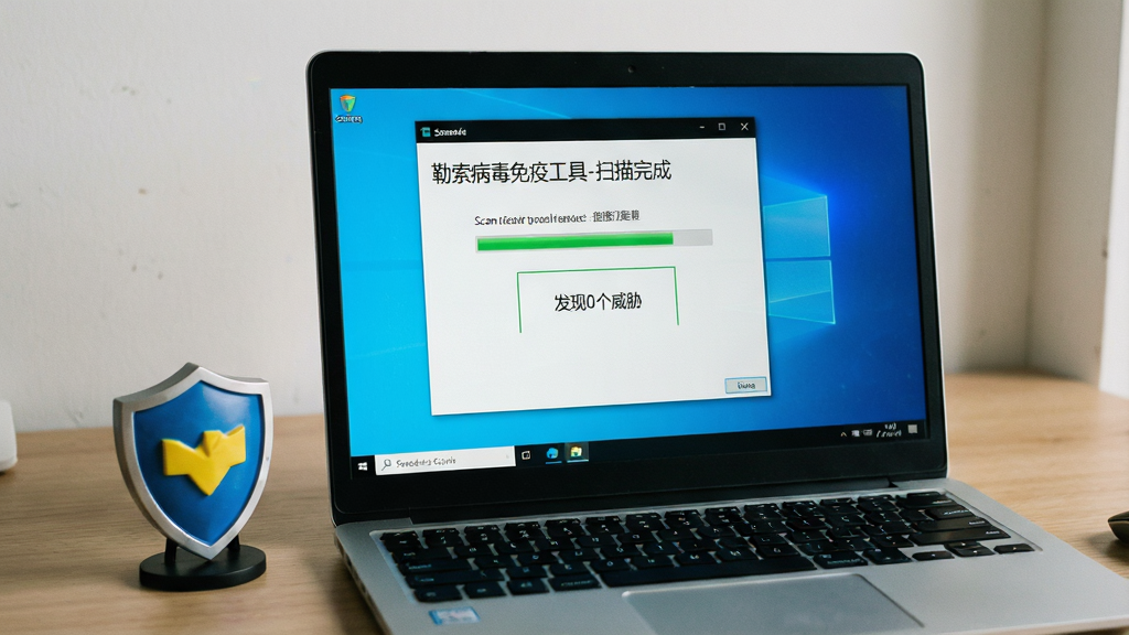一张展示勒索病毒免疫工具在Windows 10电脑上运行的实拍照片,主体为笔记本电脑屏幕显示扫描结果界面,键盘旁有安全盾牌小模型,背景为简洁书桌,布局自然,排版为实拍风格,细节有扫描进度和“发现0个威胁”字样,画质细腻,干净无多余杂物,屏幕标题为“勒索病毒免疫工具-扫描完成”