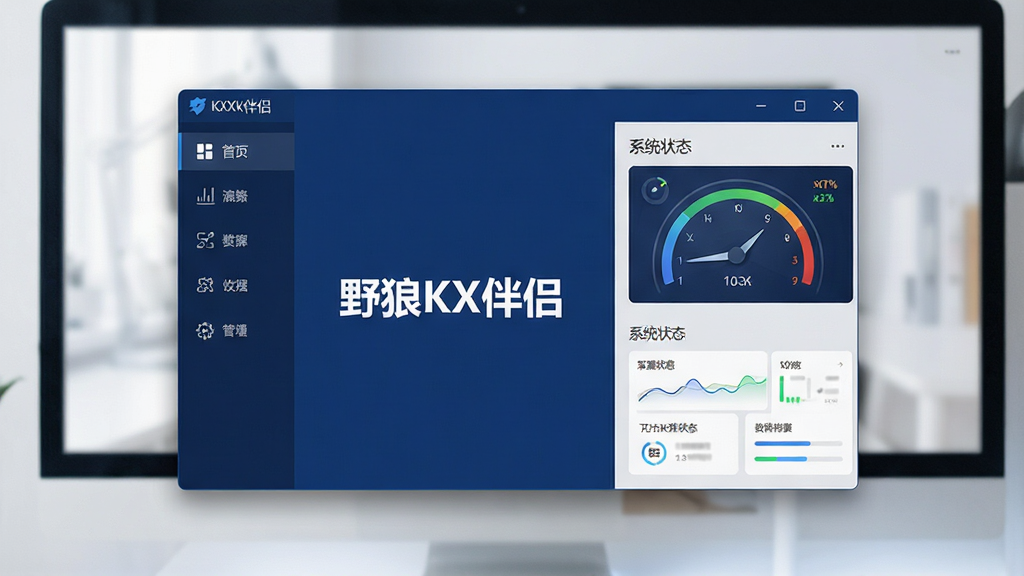 一张现代简约风格的电脑桌面软件界面预览图,画面中央清晰显示“野狼KX伴侣”主窗口,采用深蓝与浅灰配色,左侧为功能导航栏,右侧展示系统状态仪表盘,整体布局清爽,科技感十足,画质高清,干净无多余元素