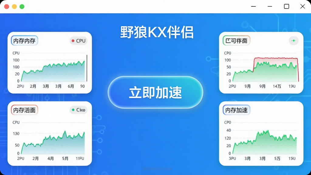 展示“野狼KX伴侣”一键加速功能的界面截图,画面为软件主界面,中央有一个醒目的“立即加速”按钮,周围环绕CPU、内存占用率实时图表,背景采用科技蓝渐变,图标设计圆润,整体风格简洁明亮,画质清晰,无多余杂物