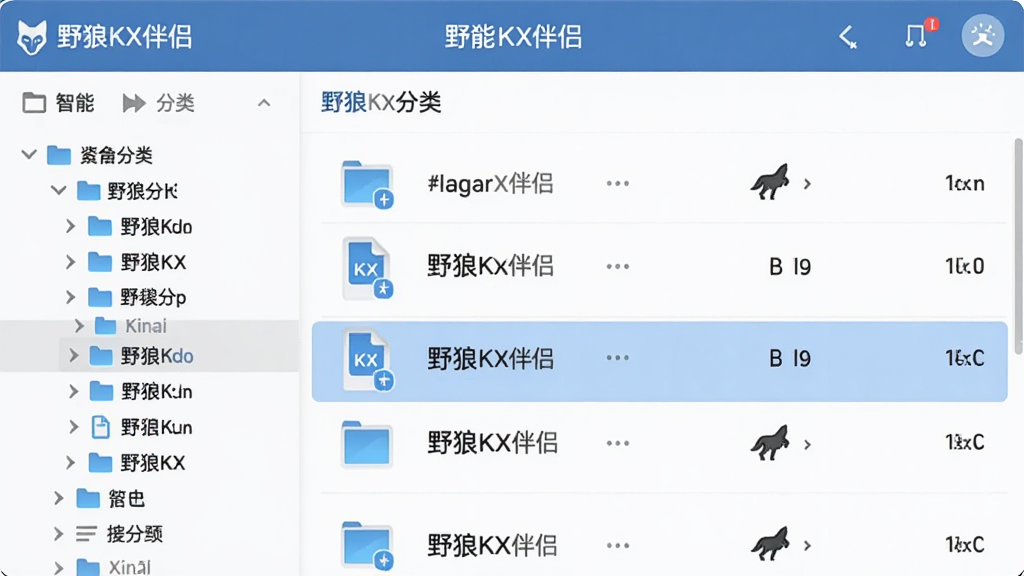 展示“野狼KX伴侣”智能文件管理功能的界面预览,画面左侧为文件分类树状目录,右侧展示文件列表并高亮显示重复文件,采用浅色系背景,图标风格统一,界面友好,适合教程配图,画质干净无多余元素