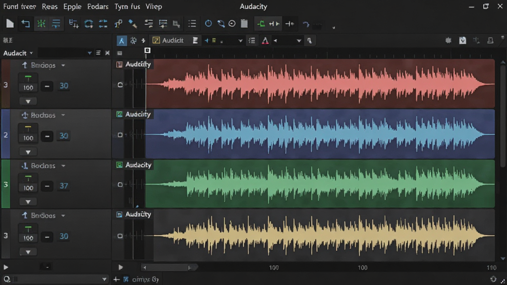 Audacity�������ͼ��չʾ��첨�α༭���棬�Ϸ�Ϊ�˵��͹��������м�Ϊ��ɫ���ι�������Ϊ���������壬���������ɫ���⣬����ɾ����࣬�������ơ�Audacity���԰�ɫ���־�����ʾ�ڽ��涥���������������޶���Ԫ��
