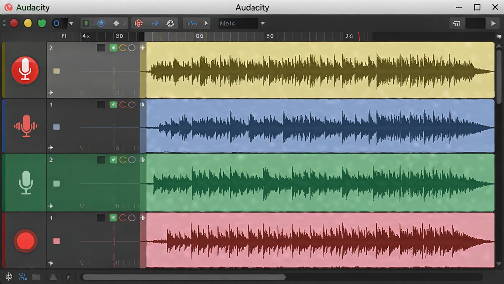 Audacity���¼�����棬��ʾ�����ͬ��ɫ����Ƶ������ţ����������ɼ���¼����ť�ʺ�ɫ��������˷�ͼ���������ͷ�������沼��רҵ����ɫ����ͣ������������ơ�Audacity����ʶ�������������޶���Ԫ��