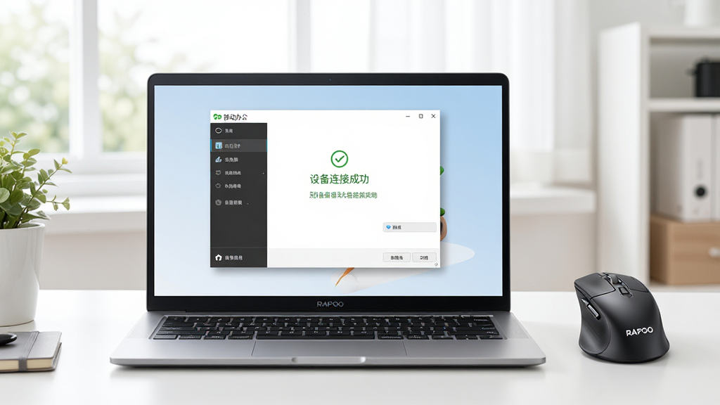 主体:笔记本电脑上运行雷柏鼠标驱动,鼠标连接正常;布局:笔记本居中,驱动界面清晰可见,旁边有一款无线鼠标;排版:突出移动办公场景;风格:明亮简洁;细节:屏幕中显示“设备连接成功”提示,鼠标上有“RAPOO”标识;画质:高清,无多余元素