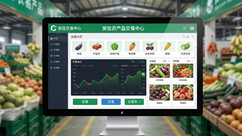 主体:安信农产品交易中心软件界面展示;布局:前景为电脑屏幕中的交易大厅界面,背景为模糊的农产品市场;排版:屏幕居中,界面清晰显示“安信农产品交易中心”字样及各类农产品图标;风格:现代商务风格,色调清新明亮;细节:界面包含行情图表、交易按钮、农产品图片;画质:高清,干净,无多余元素。