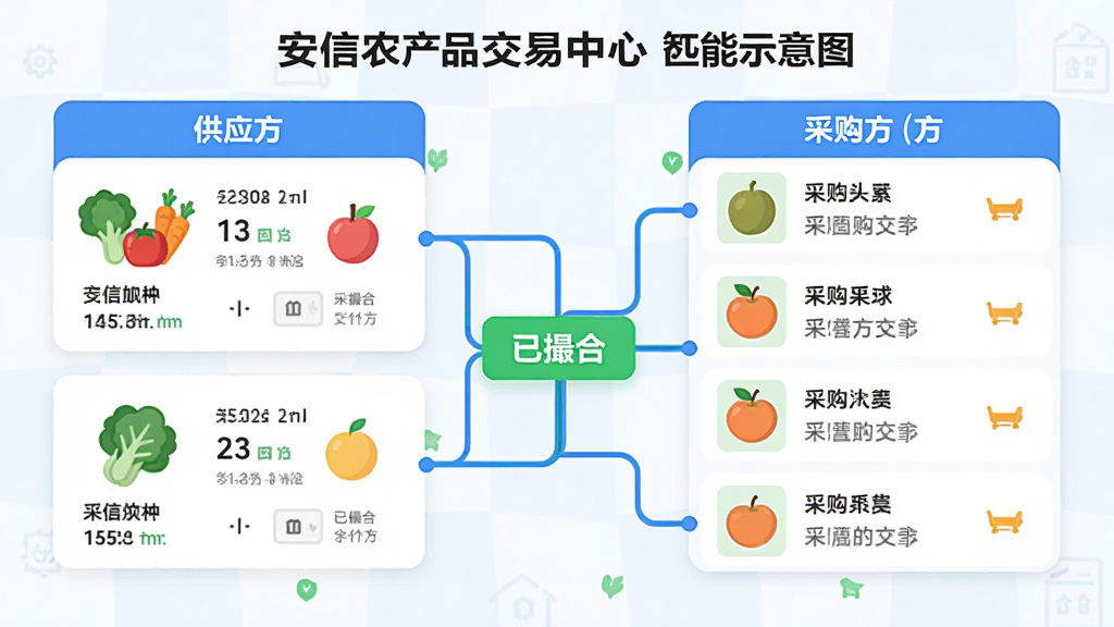 主体:安信农产品交易中心智能匹配功能示意图;布局:左侧为供应方信息卡片,右侧为采购方需求列表,中间有连接线;排版:卡片式布局,整洁有序;风格:扁平化插画风格,色彩鲜明;细节:包含蔬菜、水果图标,匹配成功提示“已撮合”;画质:高分辨率,干净,无多余元素。