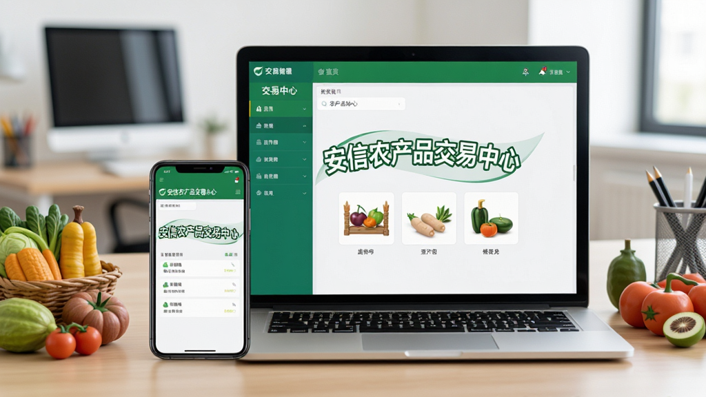 主体:安信农产品交易中心使用教程场景;布局:前景为手机和电脑并排,屏幕显示软件界面,背景为办公桌;排版:设备居中,光线明亮;风格:写实摄影风格,细节丰富;细节:屏幕上有“安信农产品交易中心”字样,周围有农产品模型;画质:高清晰度,干净,无多余元素。