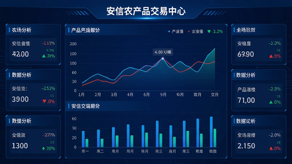 主体:安信农产品交易中心行情数据分析大屏;布局:中央为折线图与柱状图,四周为数据卡片;排版:数据可视化布局,信息层级分明;风格:科技感商务风格,深蓝底色;细节:图表标注“安信农产品交易中心”字样,有涨跌幅红绿色标识;画质:超清,干净,无多余元素。