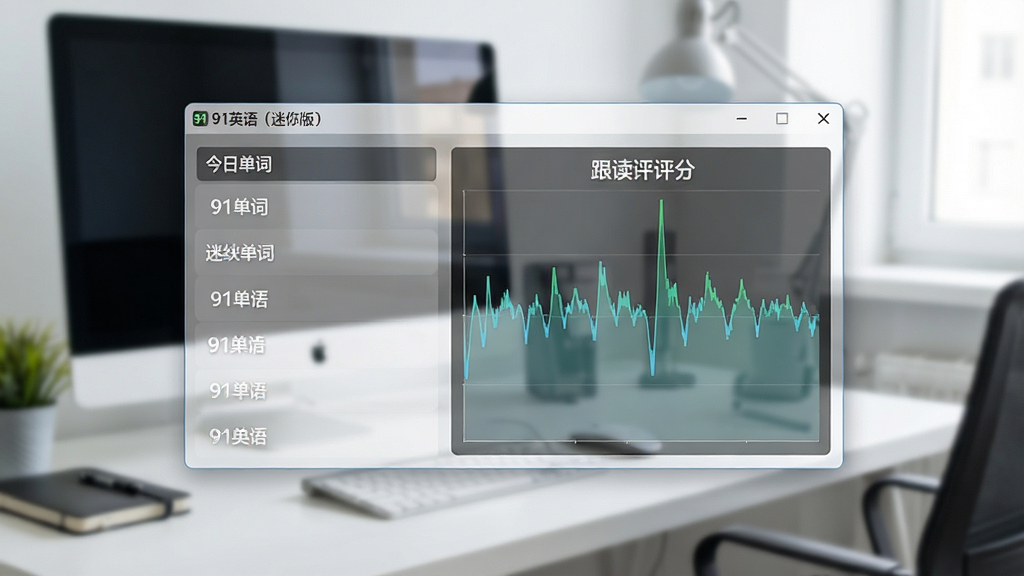 一幅展示91英语(迷你版)软件界面的高清电脑截图,界面简洁明亮,主窗口为半透明迷你悬浮框,左侧显示今日单词列表,右侧为跟读评分波形图,背景为虚化的现代办公桌,整体风格清新,画质干净,无多余元素,突出软件名称“91英语(迷你版)”