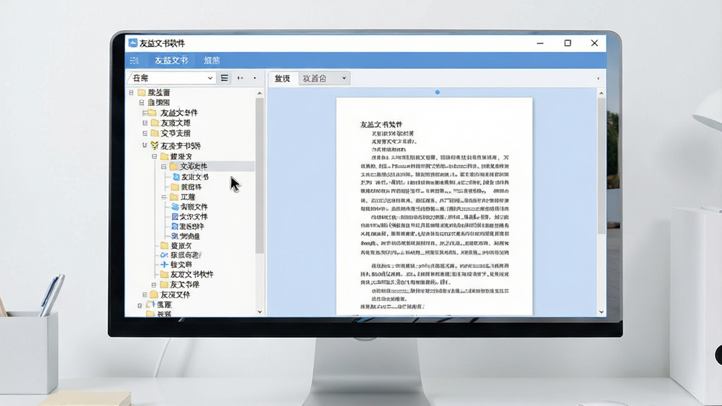 主体:电脑屏幕中显示友益文书软件的树形目录管理界面,左侧清晰分类,右侧展示文档预览。布局:界面截图为主,辅以简洁的桌面环境,突出软件面板。排版:画面干净,左侧目录树细密有序,右侧文本清晰可读。风格:现代扁平化设计,色彩柔和,以蓝白为主色调。细节:屏幕中隐约可见“友益文书软件”窗口标题,鼠标指针悬停在某个分类上。画质:高清,干净,无多余元素。