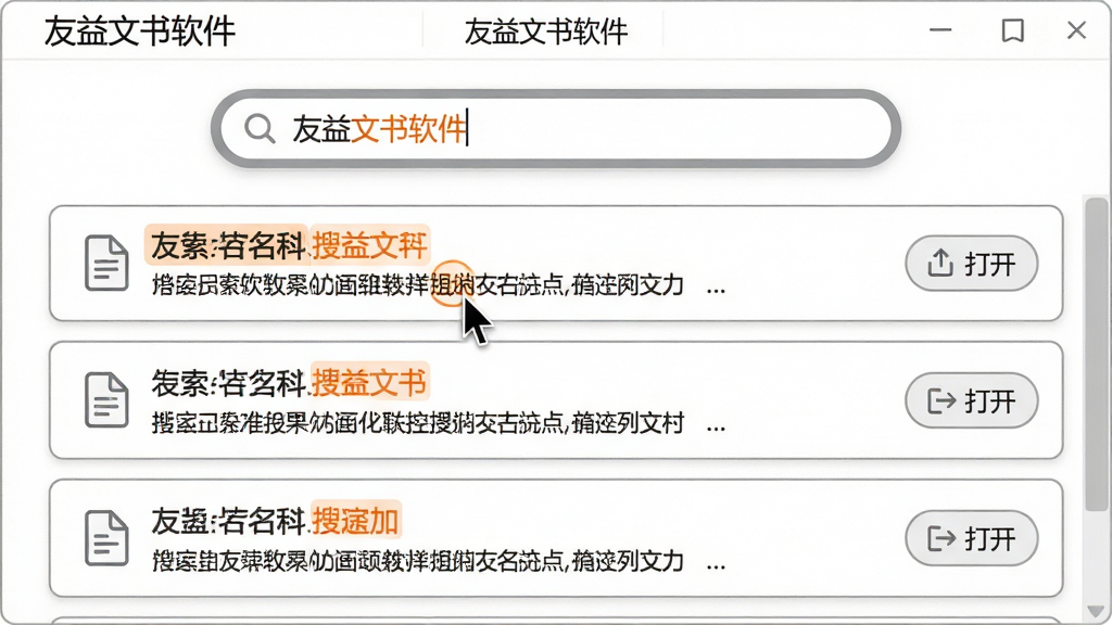 主体:友益文书软件界面中,搜索框内输入关键词,下方展示搜索到的文档列表。布局:搜索框位于顶部中央,结果列表清晰排列,每个结果项显示文件名和内容片段。排版:列表整齐,关键词被高亮为橙色。风格:功能化界面,白底灰边,强调搜索框的圆角设计。细节:结果项右侧有“打开”按钮图标,鼠标光标停留在第一个结果上。画质:清晰锐利,无多余元素。