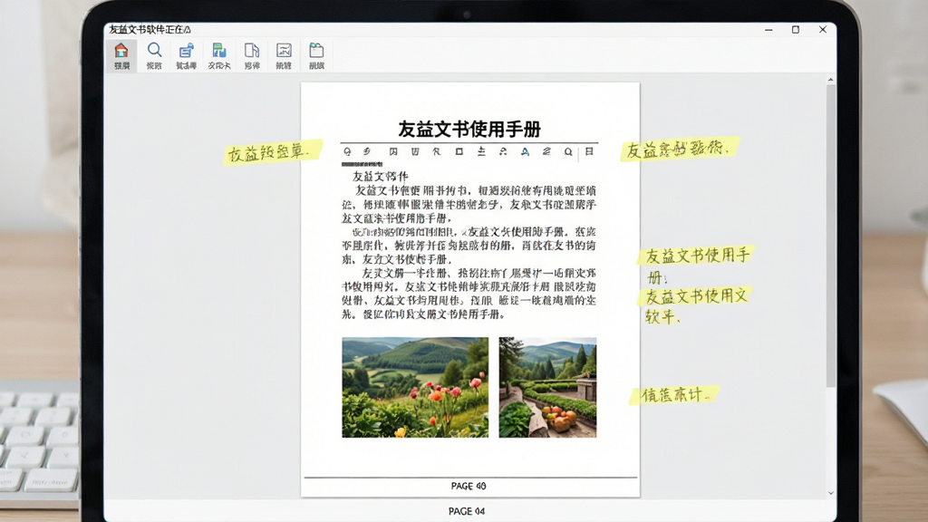 主体:友益文书软件正在打开一个包含文字和图片的PDF文档,界面干净。布局:文档内容居中显示,顶部有工具栏,底部有页码信息。排版:文字清晰,段落分明,图片色彩自然。风格:模拟真实阅读场景,界面浅色背景,功能图标简洁。细节:文档标题为“友益文书使用手册”,在页面边缘有黄色高亮笔记标记。画质:高清,柔和光线,无多余元素。