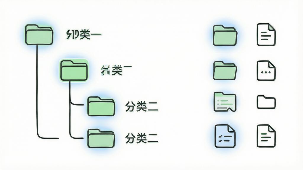 主体:清晰的树形目录结构示意图,父节点与子节点用线条连接,旁边标注“分类一”、“分类二”等文字。布局:左侧为目录树,右侧为对应的文档列表图标,整体对称平衡。排版:线条流畅,节点圆润,文字标签清晰。风格:简洁的线条图风格,搭配浅绿色高亮当前选中节点。细节:节点图标区分文件夹和文件,高亮节点有淡蓝色光晕。画质:高清晰度,背景干净,无多余元素。