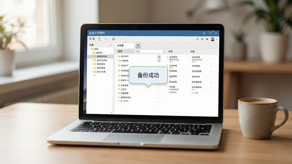 主体:一台笔记本电脑上运行着友益文书软件,旁边放着一杯咖啡,暗示高效办公场景。布局:电脑屏幕位于画面中央,软件界面清晰可见,桌面整洁。排版:屏幕内容展示软件的树形目录和文档列表,文字清晰。风格:温馨的日常办公风格,自然光线,浅景深效果。细节:屏幕中显示“备份成功”的提示气泡。画质:高清,色彩柔和,无多余元素。
